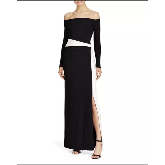 Lauren Ralph Lauren Formal Black Colorblock Off Shoulder Jersey Evening Dress - Picture 1 of 14